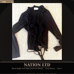Nation LTD Black Ruffle Trim Open Front Tie Blouse Size L | Long Sleeve | Boho